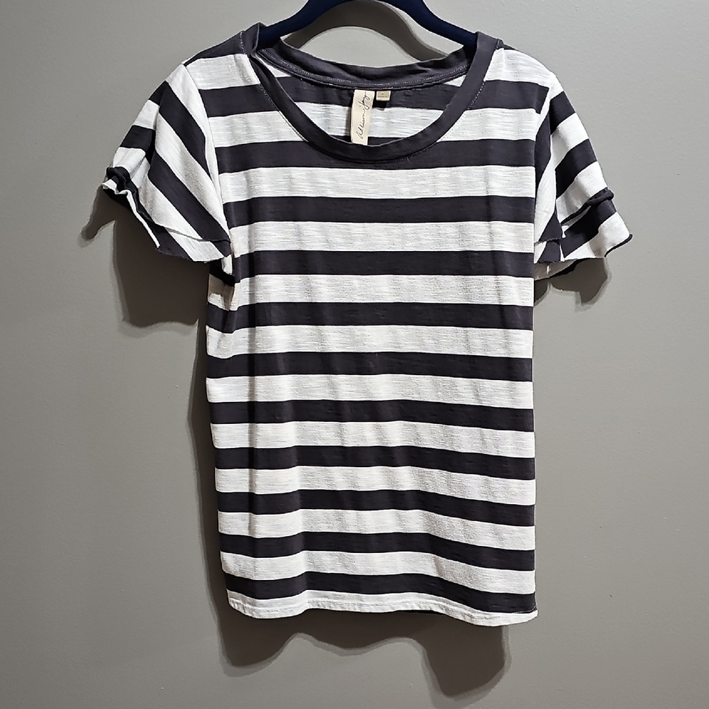 Allison Joy Monochrome Striped Ruffle Sleeve Tee